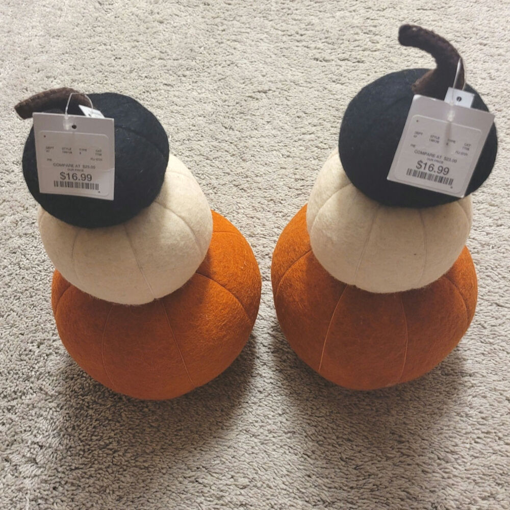 Set of 2 Stacked Fabric Pumpkins Fall Decor Tiered Pumpkins Neutral Orange Black